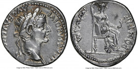 Tiberius (AD 14-37). AR denarius (17mm, 3.70 gm, 9h). NGC AU 4/5 - 3/5, scratches. Lugdunum, ca. AD 15-18. TI CAESAR DIVI-AVG F AVGVSTVS, laureate hea...