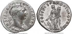 Trajan (AD 98-117). AR denarius (19mm, 3.54 gm, 6h). NGC XF. Rome, AD 107-108. IMP TRAIANO AVG GER DAC P M TR P, laureate bust of Trajan right, draper...