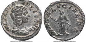 Julia Domna (AD 193-217). AR denarius (18mm, 3.16 gm, 12h). NGC Choice XF. Rome, AD 211-217. IVLIA PIA-FELIX AVG, draped bust of Julia Domna right, se...