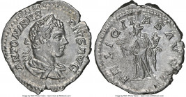 Caracalla (AD 198-217). AR denarius (19mm, 3.09 gm, 6h). NGC AU 5/5 - 4/5. Rome, AD 201-206. ANTONINVS-PIVS AVG, laureate, draped bust of Caracalla ri...