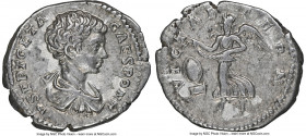 Geta, as Caesar (AD 209-211). AR denarius (18mm, 3.29 gm, 6h). NGC XF 4/5 - 4/5. Rome, AD 200-202. P SEPT GETA-CAES PONT, bare headed, draped, and cui...