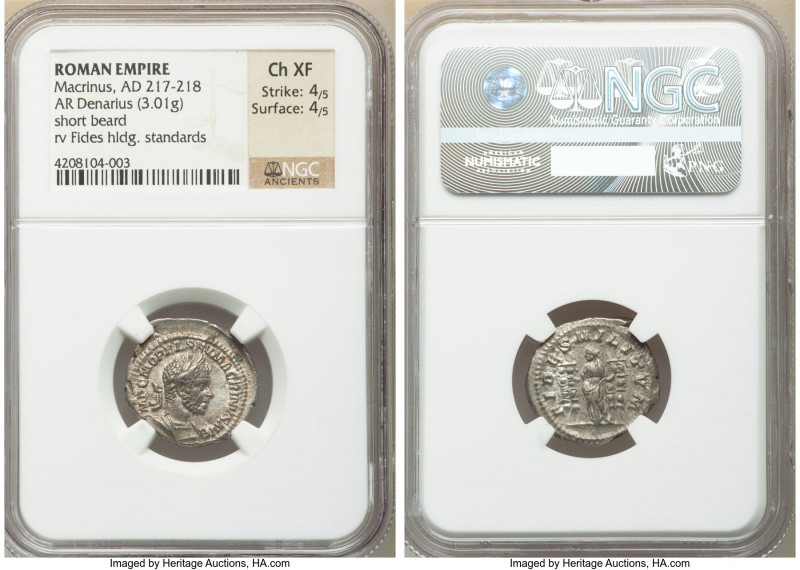 Macrinus (AD 217-218). AR denarius (21mm, 3.01 gm, 12h). NGC Choice XF 4/5 - 4/5...