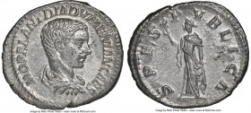 Diadumenian, as Caesar (AD 218). AR denarius (20mm, 16.96 gm, 7h). NGC AU 5/5 - 3/5. Rome, AD 218. M OPEL ANT DIADVMENIAN CAES, bare headed, draped bu...