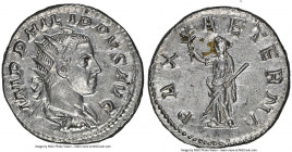 Philip II, as Augustus (AD 247-249). AR antoninianus (21mm, 4.43 gm, 12h). NGC Choice AU 5/5 - 4/5. Rome. IMP PHILIPPVS AVG, radiate, draped and cuira...