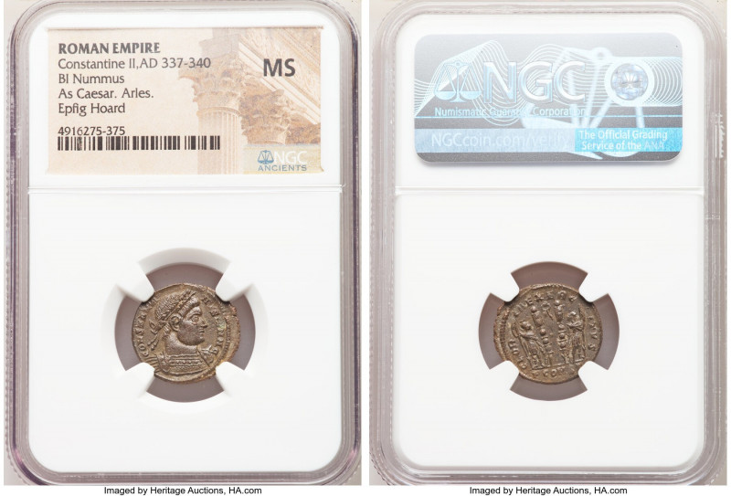 Constantine II, as Caesar (AD 337-340). AE3 or BI nummus (18mm, 11h). NGC MS. Ar...
