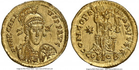 Arcadius (AD 383-408). AV solidus (20mm, 4.53 gm, 5h). NGC MS 5/5 - 2/5, scratches. Thessalonica, ca. AD 403-408. D N ARCADI-VS P F AVG, pearl-diademe...