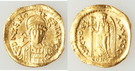Zeno, Eastern Roman Empire (AD 474-491). AV solidus (20mm, 4.26 gm, 6h). Choice XF, scuff. Constantinople, 5th officina, second reign, AD 476-491. D N...