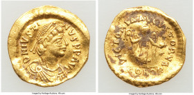 Justin I (AD 518-527). AV tremissis (10mm, 1.46 gm, 6h). Choice XF, wavy flan. Constantinople. D N IVSTI-NVS PP AVG, pearl-diademed, draped and cuiras...