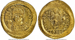 Justinian I the Great (AD 527-565). AV solidus (20mm, 4.45 gm, 6h). NGC MS 4/5 - 3/5, edge bend. Constantinople, 4th officina, ca. AD 545-565. D N IVS...