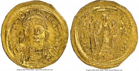 Justinian I the Great (AD 527-565). AV solidus (21mm, 4.41 gm, 6h). NGC MS 3/5 - 3/5, die shift, clipped. Constantinople, 3rd officina, ca. AD 545-565...