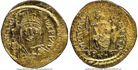 Justin II (AD 565-578). AV solidus (21mm, 4.45 gm, 6h). NGC MS 3/5 - 2/5. Constantinople, 4th officina. D N I-VSTI-NVS PP AVG, cuirassed bust of Justi...