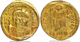 Maurice Tiberius (AD 582-602). AV solidus (22mm, 7h). NGC AU, edge bend. Constantinople, 3rd officina. o N mAVRC-TIb PP AVG, draped and cuirassed bust...