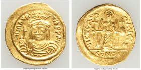 Maurice Tiberius (AD 582-602). AV solidus (21mm, 4.07 gm, 7h). Choice VF, scratches, clipped. Constantinople, 7th officina. o N mAVRC-TIb PP AVG, drap...
