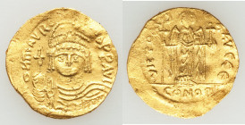 Maurice Tiberius (AD 582-602). AV solidus (21mm, 4.45 gm, 6h). Choice VF, scratches. Constantinople, 5th officina. o N mAVRC-TIb PP AVG, draped and cu...