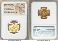 Phocas (AD 602-610). AV solidus (21mm, 4.25 gm, 6h). NGC MS 3/5 - 3/5, die shift, clipped. Constantinople, 5th officina, AD 607-609. d N N FOCAS-PЄRP ...