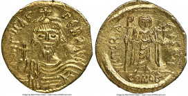 Phocas (AD 602-610). AV solidus (20mm, 4.43 gm, 6h). NGC Choice AU 4/5 - 2/5, bent, edge marks, clipped. Constantinople, 10th officina, AD 607-609. d ...
