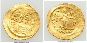 Phocas (AD 602-610). AV semissis (19mm, 2.19 gm, 7h). VF, graffiti, bent. Constantinople. d N FOCAS PЄR AVG, pearl-diademed, draped and cuirassed bust...