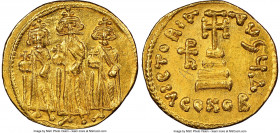 Heraclius (AD 610-641), with Heraclius Constantine and Heraclonas. AV solidus (20mm, 4.43 gm, 7h). NGC Choice AU 5/5 - 3/5, graffito. Constantinople, ...