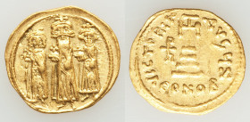 Heraclius (AD 610-641), with Heraclius Constantine and Heraclonas. AV solidus (21mm, 4.37, 6h). Choice VF, graffiti, clipped. Constantinople, 7th offi...