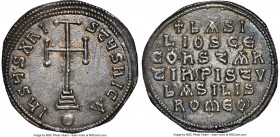 Basil I the Macedonian (AD 867-886), with Constantine. AR miliaresion (24mm, 2.48 gm, 1h). NGC Choice AU 5/5 - 4/5, clipped. Constantinople, AD 868-87...