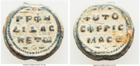 BYZANTINE. Ca. AD 11th century. Lead seal (14mm, 4.33 gm, 12h). VF. ΓPΦH / ΔIΔAC / KЄTW, legend in three lines / AVTO/C ΦPΓIC / MACЄ, legend in three ...