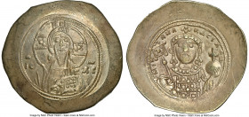 Michael VII Ducas (AD 1071-1078). AV/EL histamenon nomisma scyphate (28mm, 6h). NGC AU. Constantinople. Bust of Christ facing, wearing nimbus cruciger...