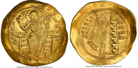 Alexius I Comnenus (AD 1081-1118). AV hyperpyron (30mm, 6h). NGC AU, graffito, edge bend. Constantinople, post-reform coinage, AD 1092-1118. + KЄ RO-H...