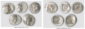 ANCIENT LOTS. Greek. Carian Islands. Rhodes. Ca. 88-84 BC. Lot of five (5) AR drachms. VF-Choice VF. Includes: (5) Plinthophoric standard, AR drachms....