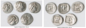 ANCIENT LOTS. Greek. Carian Islands. Rhodes. Ca. 88-84 BC. Lot of five (5) AR drachms. VF-XF. Includes: (5) Plinthophoric standard, AR drachms. Variou...