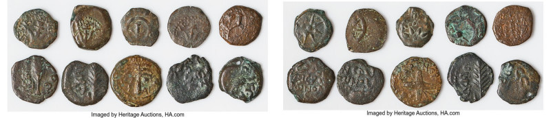 ANCIENT LOTS. Judaea. Ca. 1st centuries BC-AD. Lot of ten (10) AE prutahs. Fine,...