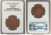 Republic copper Essai 2 Centavos 1878 MS64 Red and Brown NGC, KM-E2. Dazzling orange fields contrasted with darker cobalt-tinged devices enhance the e...