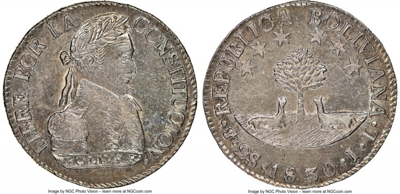 Republic 2 Soles 1830 PTS-JL MS61 NGC, Potosi mint, KM95a. Bold strike for type,...