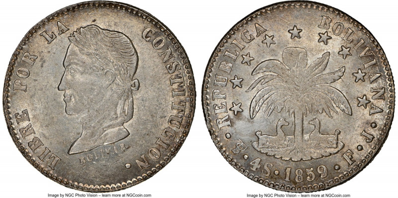 Republic 4 Soles 1859 PTS-FJ MS61 NGC, Potosi mint, KM123.3. Gray and gold tonin...