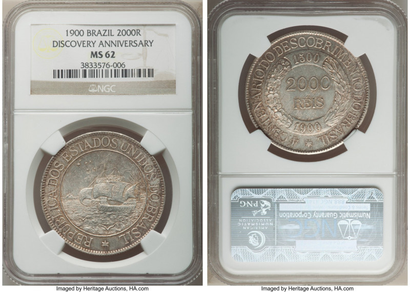 Republic "Discovery Anniversary" 2000 Reis 1900 MS62 NGC, KM501. 400th anniversa...