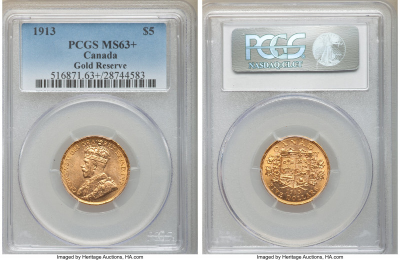 George V gold 5 Dollars 1913 MS63+ PCGS, Ottawa mint, KM26. Gold Reserve. AGW 0....