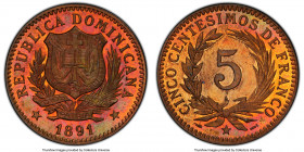 Republic Proof 5 Centesimos 1891-A PR65 Red and Brown PCGS, Paris mint, KM8. One year type with red-orange and yellow back lit reflective fields. 

...