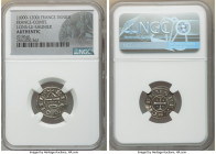 Lons-Le-Saunier Denier ND (1000-1200) Authentic NGC, Rob-1726. 0.86gm. +BLEDONIS tetrastyle temple containing cross, long oval below / +CARLVS REX, cr...