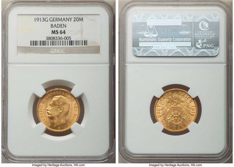Baden. Friedrich II gold 20 Mark 1913-G MS64 NGC, Karlsruhe mint, KM284. Mintage...