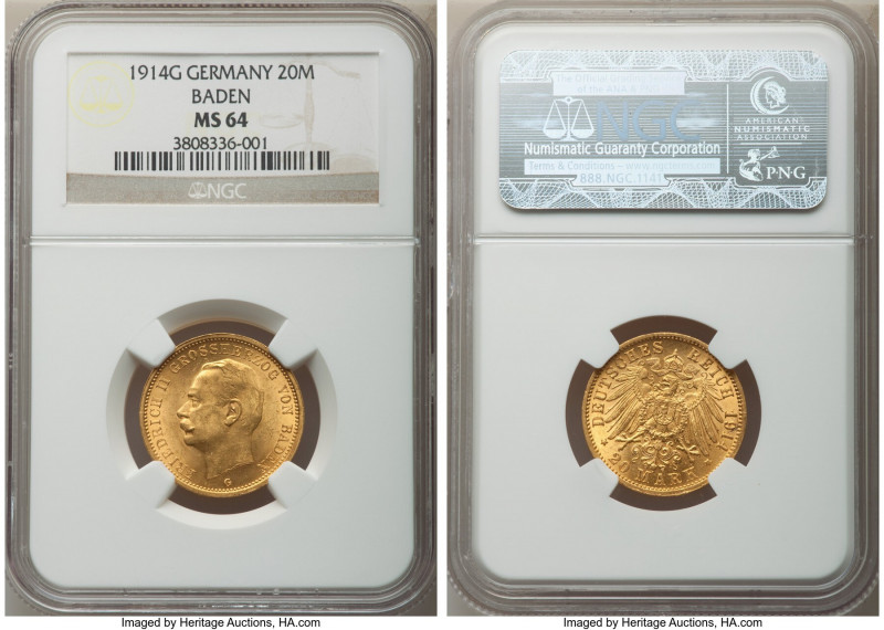 Baden. Friedrich II gold 20 Mark 1914-G MS64 NGC, Karlsruhe mint, KM284. Exhibit...