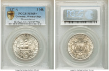 Weimar Republic "Bremerhaven" 3 Mark 1927-A MS65+ PCGS, Berlin mint, KM50, J-325. 100th anniversary of Bremerhaven commemorative. 

HID09801242017
...