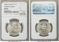 Weimar Republic "Dürer" 3 Mark 1928-D MS66 NGC, Munich mint, KM58, J-332. Issued for the 400th anniversary of the death of Albrecht Durer. 

HID0980...