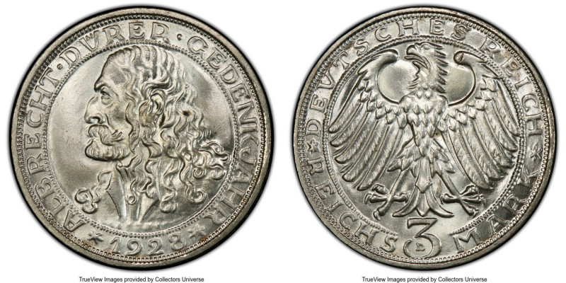 Weimar Republic "Dürer" 3 Mark 1928-D MS66 PCGS, Munich mint, KM58, J-332. 400th...
