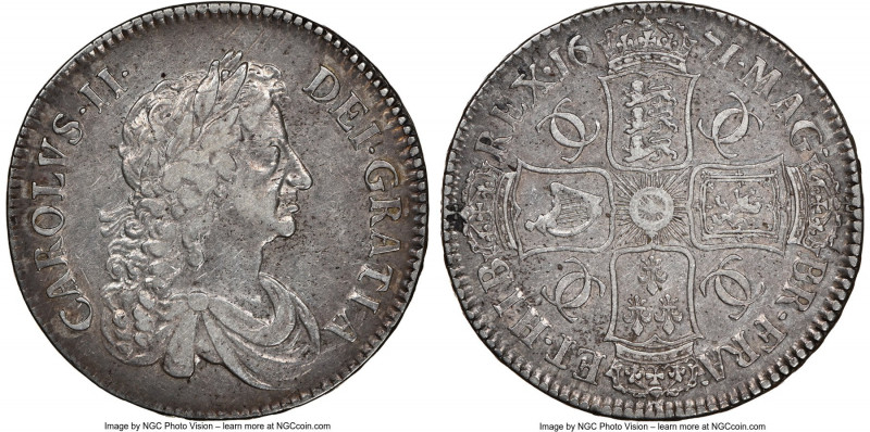 Charles II Crown 1671 XF40 NGC, KM435, S-3358. Third draped bust - TERTIO edge....
