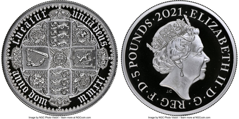 Elizabeth II silver Proof "Gothic Crown Quartered Arms" 5 Pounds (2 oz) 2021 PR7...