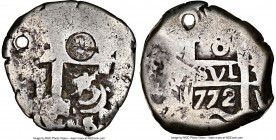 Central American Republic Counterstamped Cob 8 Reales ND (1839) Fine Details (Holed) NGC, KM107. 26.44gm. Type II sun and mountains counterstamp (C/S ...