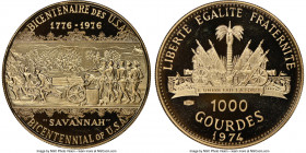 Republic gold Proof "U.S. Bicentennial of Independence" 1000 Gourdes 1974 PR68 Ultra Cameo NGC, KM118.2. Error variety without country name. A captiva...