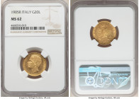 Vittorio Emanuele III gold 20 Lire 1905-R MS62 NGC, Rome mint, KM37.1, Fr-24. Mintage: 8,715. The final date of issue for this three-year type. Displa...