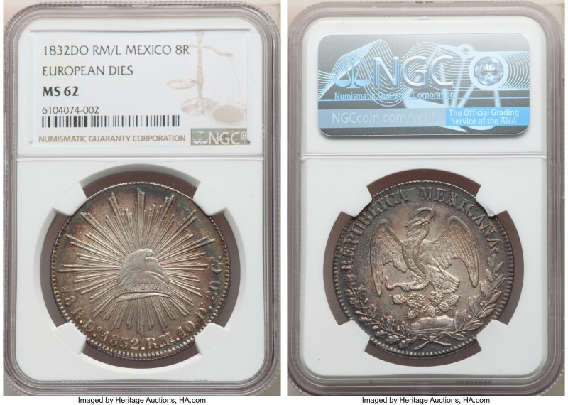 Republic 8 Reales 1832 Do-RM/L MS62 NGC, Durango mint, KM377.4, DP-Do09. Medal A...
