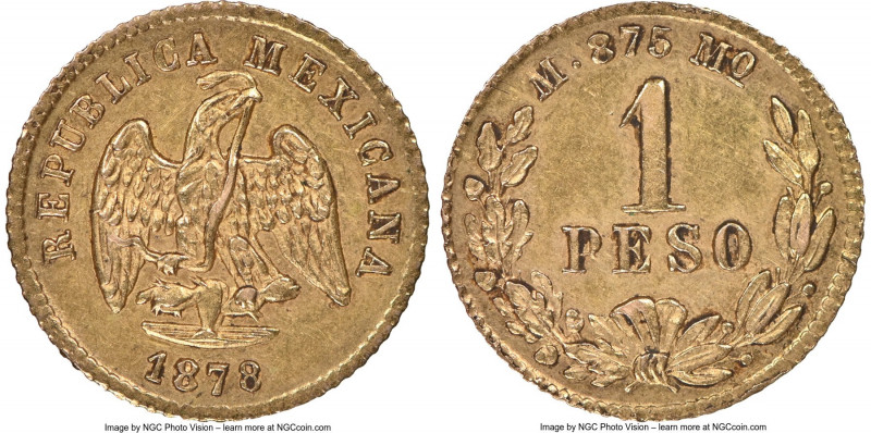 Republic gold Peso 1878 Mo-M MS61 NGC, Mexico City mint, KM410.5.

HID09801242...
