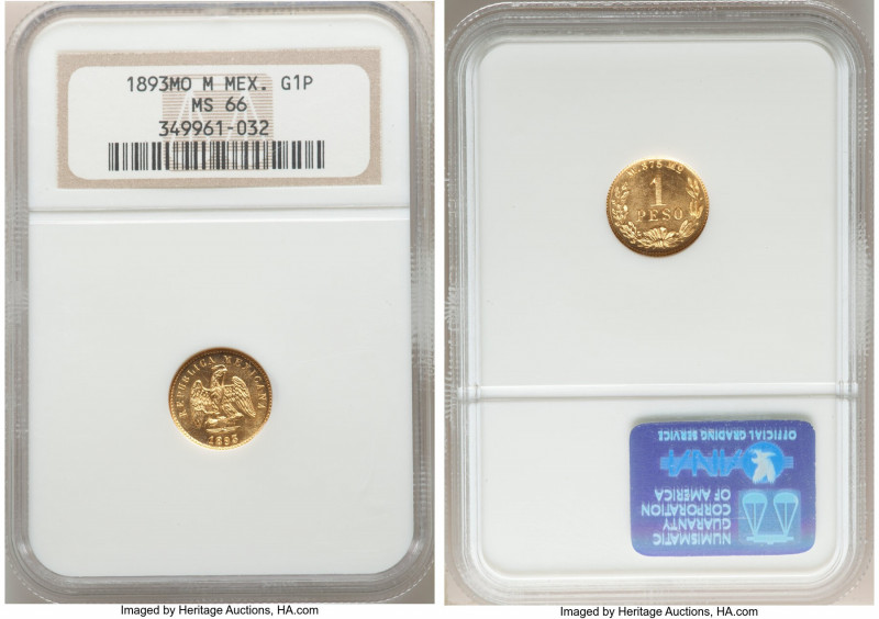 Republic gold Peso 1893 Mo-M MS66 NGC, Mexico City mint, KM410.5. Mintage: 5,917...